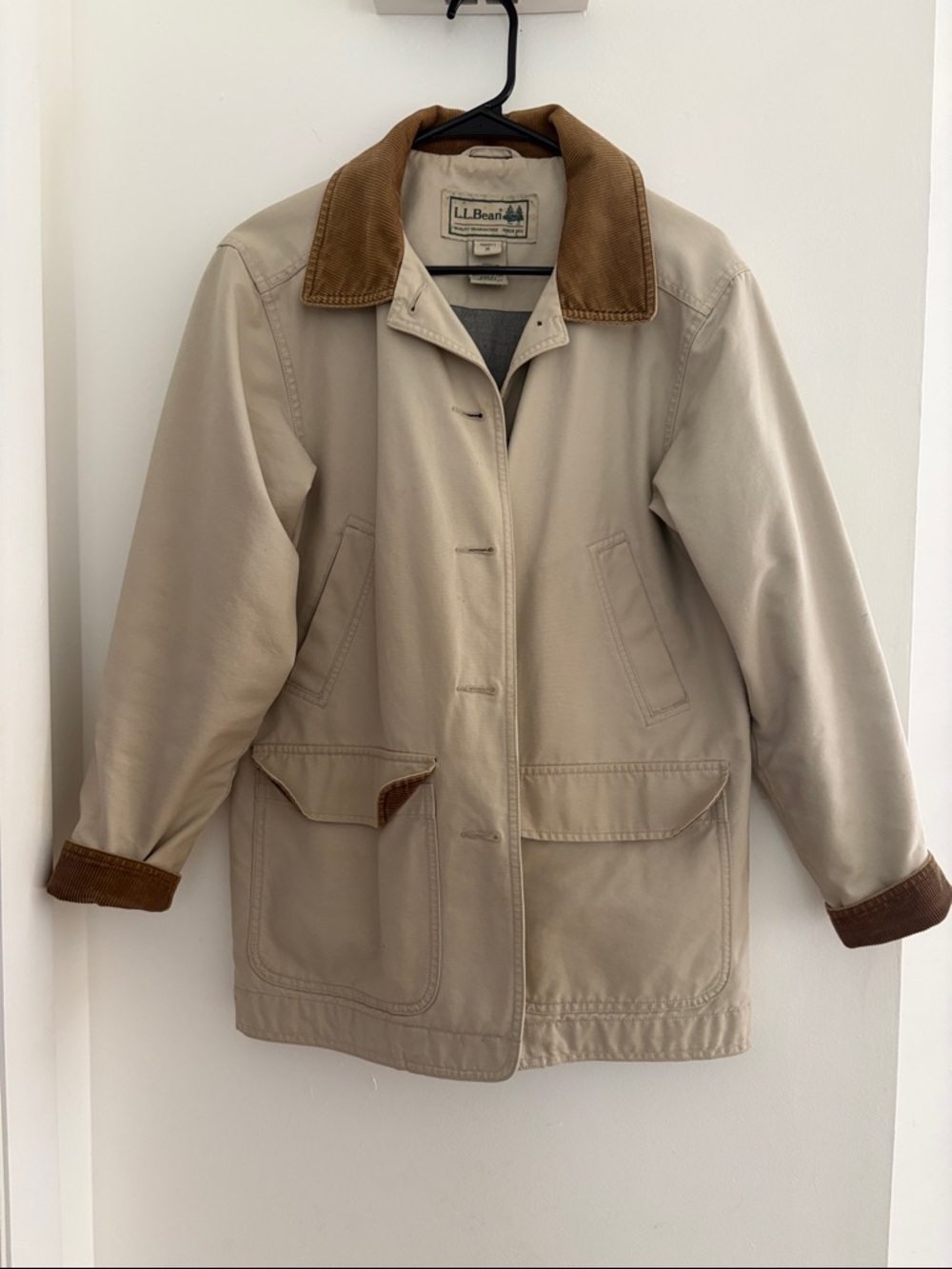 L.L. Bean Women's Beige Chore Coat with Brown Corduroy Trim